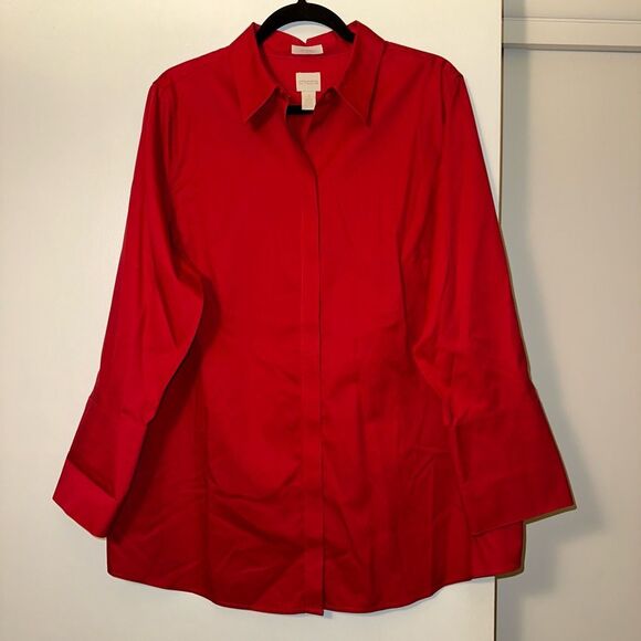 Chicos XL (3) Button Down Collared No Iron Red Long Sleeve Womens Shirt EUC - Picture 1 of 11